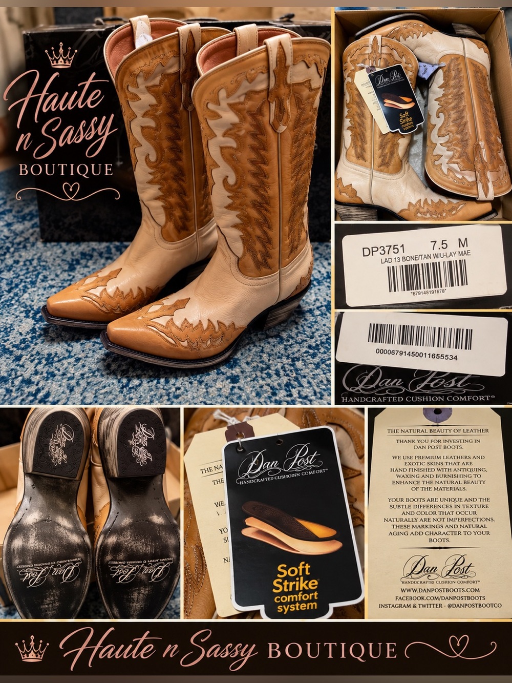 Dan Post DP3751 Women’s 7.5 Western Cowboy Boots NIB Leather Tan Cream